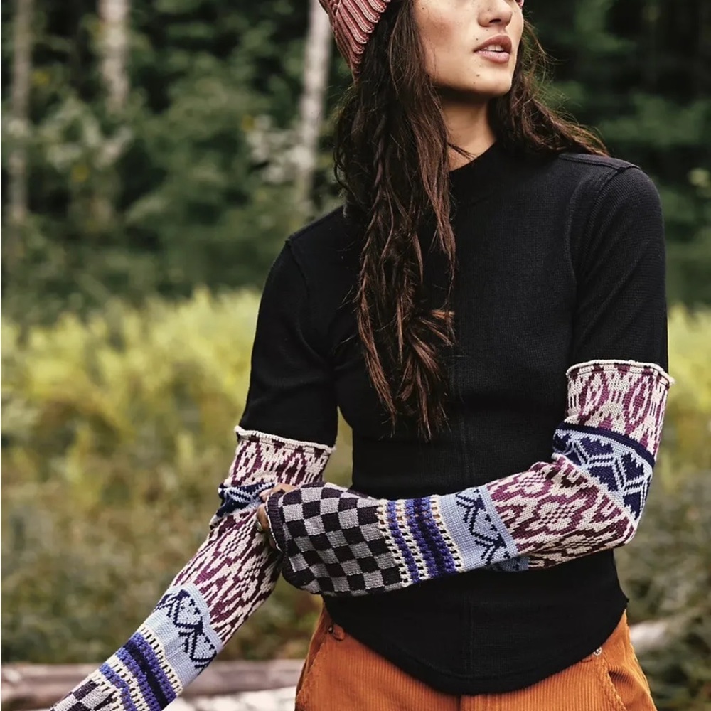 NWT Free People Thermal Black Combo Cuff Long Sleeve Shirt XS